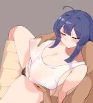  1boy 1girl absurdres ahoge bangs black_panties blue_hair blush breasts cleavage closed_eyes covered_nipples groping hetero highres large_breasts long_hair navel original panties plump sitting sogogistew spread_legs tank_top underwear underwear_only 