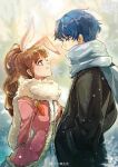  1boy 1girl animal_ears black_coat blue_eyes blue_hair braid braided_ponytail brown_hair carrot coat couple da_li_aa_zai douluo_dalu from_side long_hair looking_up pink_coat rabbit_ears scarf second-party_source short_hair smile snowing tang_san xiao_wu_(douluo_dalu) 