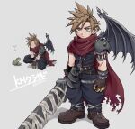  1boy als8za armor baggy_pants bandages blonde_hair blue_pants blue_shirt boots brown_footwear buster_sword cape character_name clawed_gauntlets cloud_strife demon_wings earrings final_fantasy final_fantasy_vii frog full_body grey_background grey_eyes holding holding_sword holding_weapon jewelry kingdom_hearts kneeling male_focus multiple_views official_alternate_costume pants red_cape shirt short_hair shoulder_armor single_earring single_wing spiked_hair standing sword toned toned_male twitter_username weapon wings 