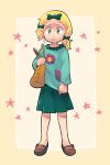  1boy bag blonde_hair bow butters_stotch crossdressing full_body green_eyes hair_bow handbag highres male_focus marjorine otoko_no_ko pleated_skirt skirt solo south_park starry_background tsunoji 