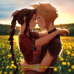  1boy 1girl aerith_gainsborough aqua_eyes armor arms_around_neck artist_name bandaged_arm bandages bangs blonde_hair breasts brown_hair choker cloud_strife couple cropped_jacket dress english_text field final_fantasy final_fantasy_vii flower flower_field forehead-to-forehead from_side green_eyes hair_ribbon heads_together hetero highres jacket long_hair looking_at_another mageofspace nature outdoors parted_bangs pink_dress pink_ribbon profile red_jacket ribbon ribbon_choker short_hair short_sleeves shoulder_armor sidelocks sleeveless sleeveless_turtleneck smile spiked_hair subtitled turtleneck upper_body wavy_hair yellow_flower 