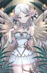  1girl angel angel_wings blue_eyes chocolate4170615 closed_mouth dress facing_viewer feathered_wings flower grey_hair hair_flower hair_ornament highres leaf light_bulb original pink_flower pink_rose rose short_dress smile solo thigh_strap white_dress wings 