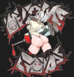  1girl absurdres ass bangs black_blindfold black_hairband blindfold boots breasts clappingdonuts gloves hairband highres leotard looking_at_viewer medium_breasts mole mole_under_mouth nier_(series) nier_automata nurse short_hair smile solo thigh_boots thighhighs white_hair yorha_no._2_type_b 