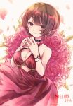  1girl alternate_costume bare_shoulders black_choker bracelet breasts brown_eyes brown_hair choker cleavage clothing_cutout cutout_above_navel dress floral_background flower hands_up harusamesyota jewelry light_smile meiko_(vocaloid) nail_polish own_hands_together petals red_dress red_flower red_rose rose short_hair sleeveless sleeveless_dress solo vocaloid 