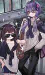  2girls absurdres ahoge bangs black_pants blue_shorts brown-tinted_eyewear closed_mouth hair_between_eyes hair_ornament hand_in_pocket hand_on_hip highres long_hair long_sleeves low_twintails microa multiple_girls oversized_clothes oversized_shirt pants pocket purple_hair shirt shorts single_vertical_stripe smile sparkle split_mouth sunglasses sweater tied_jacket tinted_eyewear touhoku_kiritan twintails v-shaped_eyebrows vocaloid voiceroid white_shirt white_sweater yuzuki_yukari 