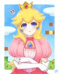  ! !! 1girl 774nanashi absurdres bangs blonde_hair blue_eyes border breasts crossed_arms crown dress earrings elbow_gloves gem gloves highres jewelry light_blush looking_at_viewer mario_(series) medium_breasts mini_crown outdoors parted_lips pink_dress princess_peach puffy_short_sleeves puffy_sleeves ring short_sleeves signature solo upper_body white_gloves 