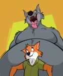  2022 absurd_res anthro belly belly_press big_belly blush blush_lines canid canine canis clothing disney duo ears_up eye_contact fangs fox fur grey_body grey_fur half-closed_eyes hi_res inner_ear_fluff looking_at_another male mammal narrowed_eyes nude obese obese_anthro obese_male open_mouth overweight overweight_anthro overweight_male remmyfox robin_hood robin_hood_(disney) sheriff_of_nottingham shirt teeth tongue tongue_out topwear tuft wide_eyed wolf 