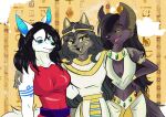  2022 anthro black_hair black_nose blue_eyes blue_inner_ear breasts canid canine cleavage clothed clothing denystark digital_media_(artwork) domestic_cat egyptian egyptian_cat egyptian_clothing eyelashes eyeshadow felid feline felis female fur grey_body grey_fur grey_hair group hair hand_on_hip hand_on_shoulder looking_at_viewer makeup mammal open_mouth original_characters pink_tongue purple_body purple_fur red_clothing tattoo tongue trio white_body white_fur yellow_eyes yellow_inner_ear yellow_tongue 