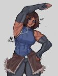 1girl abs arm_up armpits artist_name avatar_(series) blue_eyes breasts brown_hair elbow_sleeve english_text gabriel_ales hand_on_hip highres korra large_breasts muscular muscular_female short_hair skirt solo the_legend_of_korra thick_thighs thighs 