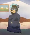  5_toes alex_(tonycomics) anonymous_artist backsack balls barefoot beard bed black_bear butt butt_focus eyebrows facial_hair feet furniture genitals hair hi_res humanoid light looking_back male mammal moon_bear nails on_bed pose smile solo toes tonycomics ursid ursine 