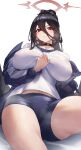  1girl absurdres bangs black_choker black_hair black_wings blue_archive blue_jacket blue_shorts blush breasts choker closed_mouth commentary covered_nipples gym_uniform hair_between_eyes halo hasumi_(blue_archive) hasumi_(gym_uniform)_(blue_archive) highres huge_breasts jacket long_hair long_sleeves looking_at_viewer low_wings mole mole_under_eye open_clothes open_jacket r1zen red_eyes see-through shirt short_shorts shorts simple_background solo sweat thighs very_long_hair white_shirt wings 