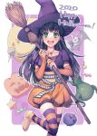  1girl black_hair breasts candy detached_sleeves food gensou_suikoden green_eyes halloween halloween_costume happy_halloween hat highres jack-o&#039;-lantern jewelry long_hair looking_at_viewer nail_polish necklace open_mouth pumpkin sakai_(motomei) smile solo viki_(suikoden) witch_hat 