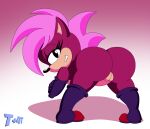  anthro bent_forward bent_over bite biting_lip boots boots_only butt clothing crossed_arms eyelashes female footwear footwear_only genitals gloves hair handwear hi_res leaning leaning_forward looking_at_viewer looking_back looking_back_at_viewer mostly_nude pink_body pink_hair pussy sega solo sonia_the_hedgehog sonic_the_hedgehog_(series) sonic_underground t+4t 