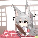  1girl absurdly_long_hair animal_ear_fluff animal_ears bangs chibi closed_mouth commentary_request eighth_note fox_ears fox_girl fox_tail grey_hair hair_between_eyes highres holding indoors japanese_clothes kimono kotatsu long_hair long_sleeves motion_lines musical_note original ponytail red_eyes smile solo standing table tail very_long_hair white_kimono wide_sleeves yuuji_(yukimimi) 