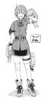  1girl aged_down alternate_hair_length alternate_hairstyle ashigara_(kancolle) belt boots greyscale hairband hiro_(chumo) kantai_collection miniskirt monochrome open_mouth radio_antenna short_hair skirt smile solo thighhighs translation_request turret v-shaped_eyebrows 