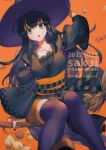  1girl black_hair breasts candy detached_sleeves food gensou_suikoden green_eyes halloween halloween_costume happy_halloween hat highres jack-o&#039;-lantern jewelry long_hair looking_at_viewer nail_polish necklace open_mouth pumpkin sakai_(motomei) simple_background solo thighhighs viki_(suikoden) witch_hat 