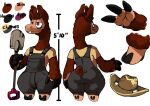  &spades; 2022 anthro bittenhard black_hooves brown_body brown_fur buckteeth bucky_sprouts camelid close-up clothing color_swatch english_text eyelashes farmer fingers fluffy fluffy_tail fur grey_overalls half-closed_eyes hat headgear headwear hi_res holding_object hooved_fingers hooves llama long_neck male mammal model_sheet narrowed_eyes overalls pupils purple_eyes shirt short_tail shovel smile solo straw_hat suit_symbol teeth text thick_thighs tools topwear unusual_pupils wide_hips yellow_clothing yellow_shirt yellow_topwear 