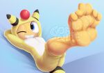  ampharos amphy anthro blue_eyes clothed clothing feet generation_2_pokemon generation_5_pokemon gobanire looking_at_viewer male nintendo pokemon pokemon_(species) scraggy soles solo toes video_games 