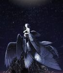  1boy bird_boy bird_legs bird_tail black_background black_hair black_wings colored_skin faceless facing_to_the_side facing_up feathered_wings full_body hands_up holding long_hair male_focus multiple_wings night night_sky pixiv_fantasia pixiv_fantasia_last_saga sky solo star_(sky) starry_sky tail talons watari_taichi white_skin wings 
