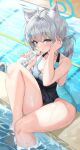  1girl animal_ears barefoot blue_archive blue_eyes commentary competition_school_swimsuit competition_swimsuit drinking feet grey_hair heterochromia highres legs lotpi one-piece_swimsuit pool school_swimsuit shiroko_(blue_archive) shiroko_(swimsuit)_(blue_archive) sitting solo swimsuit toes wolf_ears 
