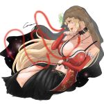  1girl black_skirt black_veil blonde_hair breasts crazy02oekaki dress fina_(ffbe) final_fantasy final_fantasy_brave_exvius flower from_side hair_flower hair_ornament highres jewelry large_breasts long_hair majin_fina navel necklace open_mouth red_dress red_eyes skirt snake solo starry_sky_print teeth war_of_the_visions:_final_fantasy_brave_exvius white_background 