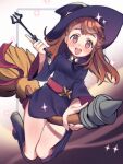  1girl :d black_dress blush breasts broom broom_riding brown_hair dress full_body hat highres holding holding_wand kagari_atsuko little_witch_academia long_hair looking_at_viewer open_mouth smile solo stephringo teeth upper_teeth wand wide_sleeves witch_hat 