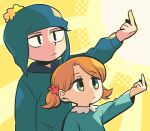  1boy 1girl black_hair blue_jacket brother_and_sister craig_tucker female_child hair_ornament hair_scrunchie hat jacket middle_finger orange_hair scrunchie siblings south_park tricia_tucker tsunoji twintails 