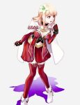  1girl blonde_hair cape fina_(ffbe) final_fantasy final_fantasy_brave_exvius flower full_body grey_background hair_flower hair_ornament index_finger_raised jewelry leaning_forward looking_to_the_side medium_hair navel necklace open_mouth red_thighhighs shadow solo tarutaru_yamaoka thighhighs white_cape white_footwear 