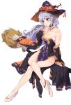  1girl absurdres armpit_crease black_choker book braid breasts broom chibi choker commission commissioner_upload fire_emblem fire_emblem:_genealogy_of_the_holy_war fire_emblem_heroes halloween hat high_heels highres ishtar_(fire_emblem) large_breasts legs long_hair miyazakit non-web_source open_mouth pelvic_curtain pumpkin purple_eyes purple_hair reading sideboob single_braid skeb_commission thighs witch witch_hat 