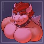  absurd_res anthro big_pecs bowser bust_portrait collar eyebrows hair hi_res horn koopa male mario_bros muscular muscular_anthro muscular_male nintendo oraderg pecs portrait red_hair scalie shell smile solo spiked_collar spiked_shell spikes spikes_(anatomy) thick_eyebrows video_games 