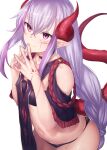  1girl bandeau bangs bare_shoulders black_choker black_panties blush braid braided_ponytail choker clothing_cutout collarbone covered_nipples cowboy_shot dragon_girl dragon_horns dragon_tail facial_mark hair_between_eyes hands_up horns ibuki_notsu light_purple_hair long_braid long_hair looking_at_viewer looking_up melusine_(ibuki_notsu) midriff navel original own_hands_together panties pointy_ears purple_eyes revision shoulder_cutout sidelocks simple_background smile solo steepled_fingers stomach strapless tail thighs tube_top underwear very_long_hair white_background 