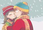  1boy 1girl beanie brown_hair closed_eyes eric_cartman hat heidi_turner hetero jacket mittens red_jacket scarf shared_clothes shared_scarf smile snow snowing south_park striped striped_scarf tsunoji 