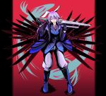  1girl animal_ears black_gloves boots formal gloves gun handgun highres holding holding_sword holding_weapon jacket looking_at_viewer necktie open_clothes open_jacket pants pink_hair rabbit_ears reisen_udongein_inaba revolver smile solo suit sword touhou weapon weedhollow_(dokuran) 