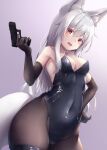  animal_ear_fluff animal_ears bangs black_gloves black_leotard black_pantyhose breasts commentary_request elbow_gloves fox_ears fox_girl fox_tail gloves gun hair_between_eyes hand_on_hip leotard looking_at_viewer open_mouth original pantyhose playboy_bunny red_eyes small_breasts tail weapon white_hair yuki_kawachi 