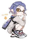  1girl arrow_(symbol) bike_shorts black_shorts closed_mouth finger_to_face full_body grey_sweater highres index_finger_raised ink_tank_(splatoon) inkling inkling_girl long_sleeves multicolored_footwear orange_eyes plum0o0 pointy_ears purple_hair shoes short_hair shorts simple_background smile solo splatoon_(series) splatoon_3 squatting sweater tentacle_hair white_background 