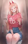  +_+ 1girl absurdres bathroom blonde_hair blush breasts chainsaw_man demon demon_horns grabbing_own_breast highres horns large_breasts lightsource long_hair open_mouth pink_shirt power_(chainsaw_man) sharp_teeth shirt shorts sitting solo steam_from_mouth teeth thick_thighs thighs toilet yellow_eyes 