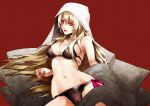  1girl bikini blonde_hair covered_nipples fina_(ffbe) final_fantasy final_fantasy_brave_exvius long_hair lying majin_fina navel parted_lips red_background red_eyes red_nails shiny_swimsuit solo swimsuit tarutaru_yamaoka teeth upper_body white_veil 