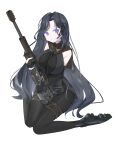  1girl :o absurdres apex_legends black_bodysuit black_capelet black_dress black_footwear black_hair bodysuit breasts capelet chinese_commentary dress gun headset highres holding holding_gun holding_weapon large_breasts long_hair looking_to_the_side open_mouth personification purple_eyes qiu_ri rifle sentinel_esr sitting skindentation sniper_rifle solo thighlet very_long_hair wariza weapon white_background 