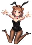  1girl animal_ears bare_shoulders black_leotard black_pantyhose blush bow bowtie breasts brown_hair detached_collar double_bun fake_animal_ears full_body hair_bun high_heels highres idolmaster idolmaster_cinderella_girls incoming_hug leotard munakata_atsumi nyome991 pantyhose playboy_bunny rabbit_ears reaching_out red_bow red_bowtie red_eyes scrunchie simple_background sitting small_breasts smile solo wariza white_background wrist_scrunchie 