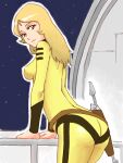  1girl acid_(acid-field) ass blonde_hair bodysuit breasts brown_eyes closed_mouth long_hair looking_at_viewer mori_yuki smile solo space uchuu_senkan_yamato uchuu_senkan_yamato_2199 yellow_bodysuit 