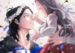  1girl 2022 2boys birthday black_eyes black_hair black_shirt blue_bow blue_flower blue_rose blurry blurry_background blurry_foreground bokeh boku_no_hero_academia bow box character_name confetti depth_of_field diffraction_spikes dress english_text eraser_head_(boku_no_hero_academia) eri_(boku_no_hero_academia) facial_hair facing_another female_child film_grain fingernails floating_hair flower from_side gift gift_box half_updo hands_up happy happy_birthday head_wreath highres horns lifting_person long_hair looking_at_another mixed-language_commentary multiple_boys open_mouth out_of_frame parted_lips pinafore_dress pleated_dress profile red_dress rose scar scar_on_face shirt sideburns simple_background single_horn smile stubble suno_(sunoichi) teeth upper_body upper_teeth white_background white_hair white_shirt yagi_toshinori 
