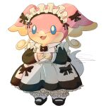  1girl :3 absurdres animal_ears apron audino black_bow black_dress blank_eyes bloomers blue_eyes blush body_fur bow buttons clothed_pokemon commentary dated_commentary dress ear_bow english_commentary flat_chest frilled_apron frilled_dress frills full_body furry furry_female hands_up happy highres light_blush long_sleeves maid maid_apron maid_headdress motion_lines open_mouth own_hands_together pink_fur pokemon pokemon_(creature) red_leopard simple_background smile socks solo standing tail tail_wagging two-tone_fur underwear white_apron white_background white_bloomers white_socks yellow_fur 