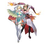  2girls absurdres armpits arms_up bangs bell blonde_hair blue_eyes bow_(weapon) breasts cape capelet closed_mouth commentary_request cuboon dark-skinned_female dark_skin elbow_gloves fire fire_emblem fire_emblem_heroes fishnets fjorm_(fire_emblem) full_body gloves gold_trim gradient gradient_clothes gradient_hair grey_hair head_tilt highres holding holding_weapon japanese_clothes jingle_bell kodachi kunai laegjarn_(fire_emblem) lips looking_at_viewer mask mask_on_head medium_breasts multicolored_hair multiple_girls ninja obi official_art orange_hair pelvic_curtain red_eyes sandals sash sheath sheathed shiny shiny_clothes shiny_hair short_hair short_sword shuriken simple_background sleeveless smile sword tabi thighhighs two-tone_hair weapon white_background 