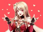  blonde_hair cape dress fina_(ffbe) final_fantasy final_fantasy_brave_exvius fingerless_gloves flower fox_shadow_puppet gloves hair_flower hair_ornament heart jewelry looking_to_the_side medium_hair necklace open_mouth red_background red_dress red_eyes tarutaru_yamaoka teeth upper_teeth white_cape 