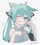  1girl ahoge animal_ears blue_eyes blue_hair blush cat_ears cat_girl detached_sleeves hair_between_eyes hair_ornament hatsune_miku highres o_(jshn3457) one_eye_closed rubbing_eyes shirt sidelocks sleeveless sleeveless_shirt solo tongue tongue_out twintails vocaloid 