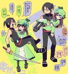  1boy 1girl black_hair capelet carrying closed_eyes deerstalker dress green_capelet green_dress green_headwear hat hercule_barton highres holding holding_sword holding_weapon japanese_clothes katana long_dress open_mouth princess_carry red_eyes short_ponytail spade_(shape) stone_river sweatdrop sword tantei_opera_milky_holmes translation_request tsunoji weapon yellow_eyes 