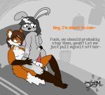  anthro canid canine cowgirl_position dialogue dimsun duo female fox from_front_position lagomorph leporid male male/female mammal nude on_bottom on_top penetration pregnancy_risk rabbit sex simple_background vaginal vaginal_penetration 