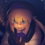 1girl @_@ artoria_caster_(fate) artoria_caster_(second_ascension)_(fate) artoria_pendragon_(fate) bangs beret black_headwear blonde_hair blush boa_(brianoa) breasts fate/grand_order fate_(series) fur_collar green_eyes hat highres jacket long_hair long_sleeves looking_at_viewer open_mouth small_breasts smile solo twintails white_jacket 