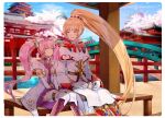  2girls architecture ayaka_(ffbe) bench blonde_hair bridge candy cherry_blossoms closed_eyes closed_mouth east_asian_architecture eating final_fantasy final_fantasy_brave_exvius food highres looking_to_the_side multiple_girls open_mouth pink_hair ponytail pouch sakura_(ffbe) shade sitting smile tarutaru_yamaoka thighhighs twintails 