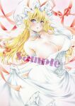  1girl arim0k0 blonde_hair breasts bride cleavage clothes_lift dress dress_lift elbow_gloves gloves hat highres huge_breasts lifted_by_self long_hair looking_at_viewer mob_cap purple_eyes sample_watermark solo touhou traditional_media wedding_dress white_background white_dress white_gloves white_headwear yakumo_yukari 